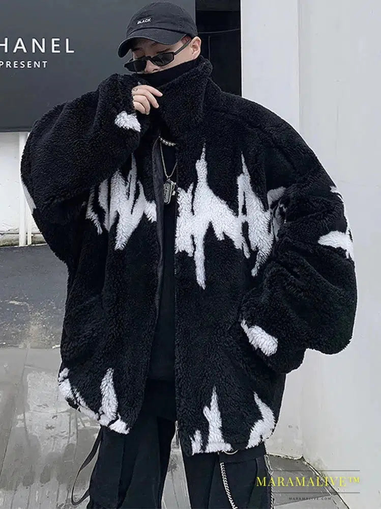 Winter Oversized Thickened Warm Fluffy Faux Fur Jacket Men Raglan Long Sleeve Zip Up Luxury Designer Clothes 2022