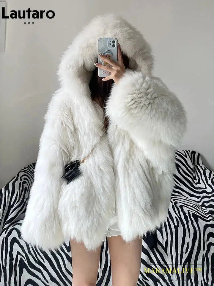 Winter Shaggy Hairy Thick Warm Soft Colored Faux Fur Jacket Women with Hood Bat Sleeved Loose Casual Designer Clothes