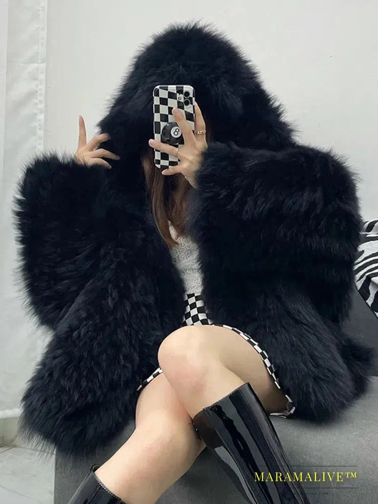 Winter Shaggy Hairy Thick Warm Soft Colored Faux Fur Jacket Women with Hood Bat Sleeved Loose Casual Designer Clothes