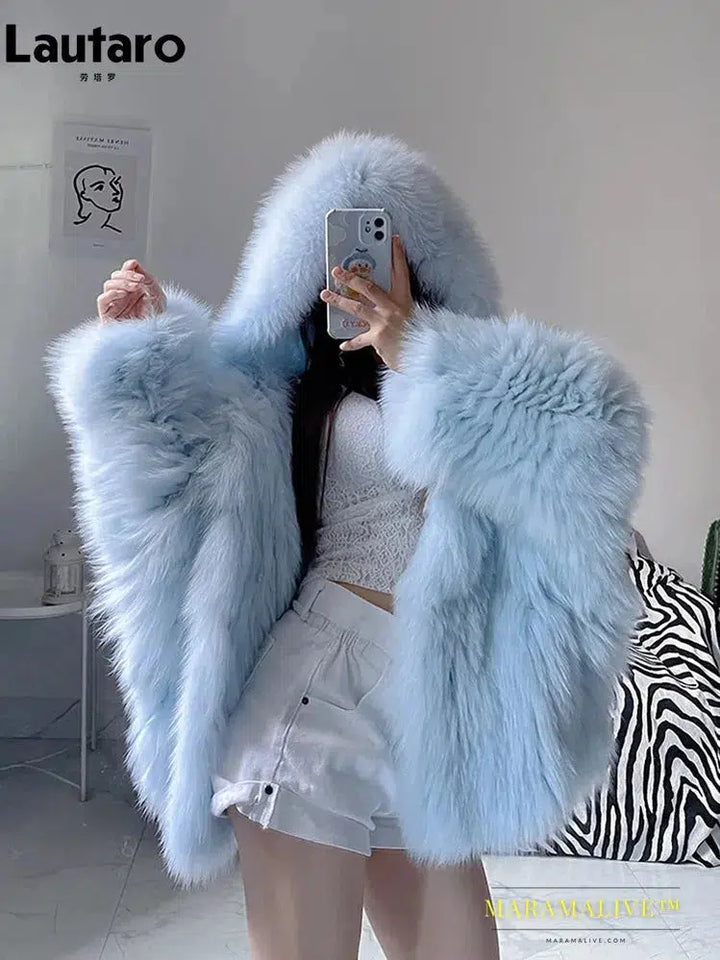 Winter Shaggy Hairy Thick Warm Soft Colored Faux Fur Jacket Women with Hood Bat Sleeved Loose Casual Designer Clothes