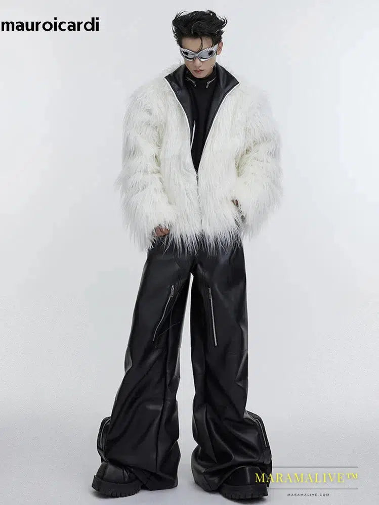 Winter Short White Thick Warm Shaggy Hairy Soft Faux Mongolian Fur Coat Men High Quality Luxury Fluffy Jacket 2023