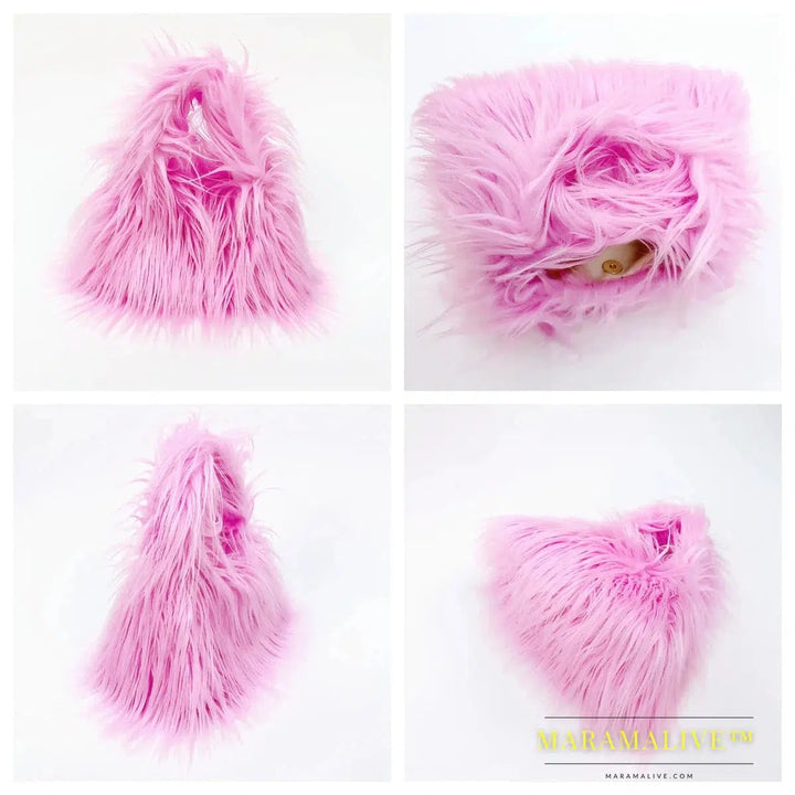 Winter Soft Fluffy Faux Fur Bag Women Solid Color Plush Handbag Casual Fuzzy Square Travel Street Messenger Bag Purse