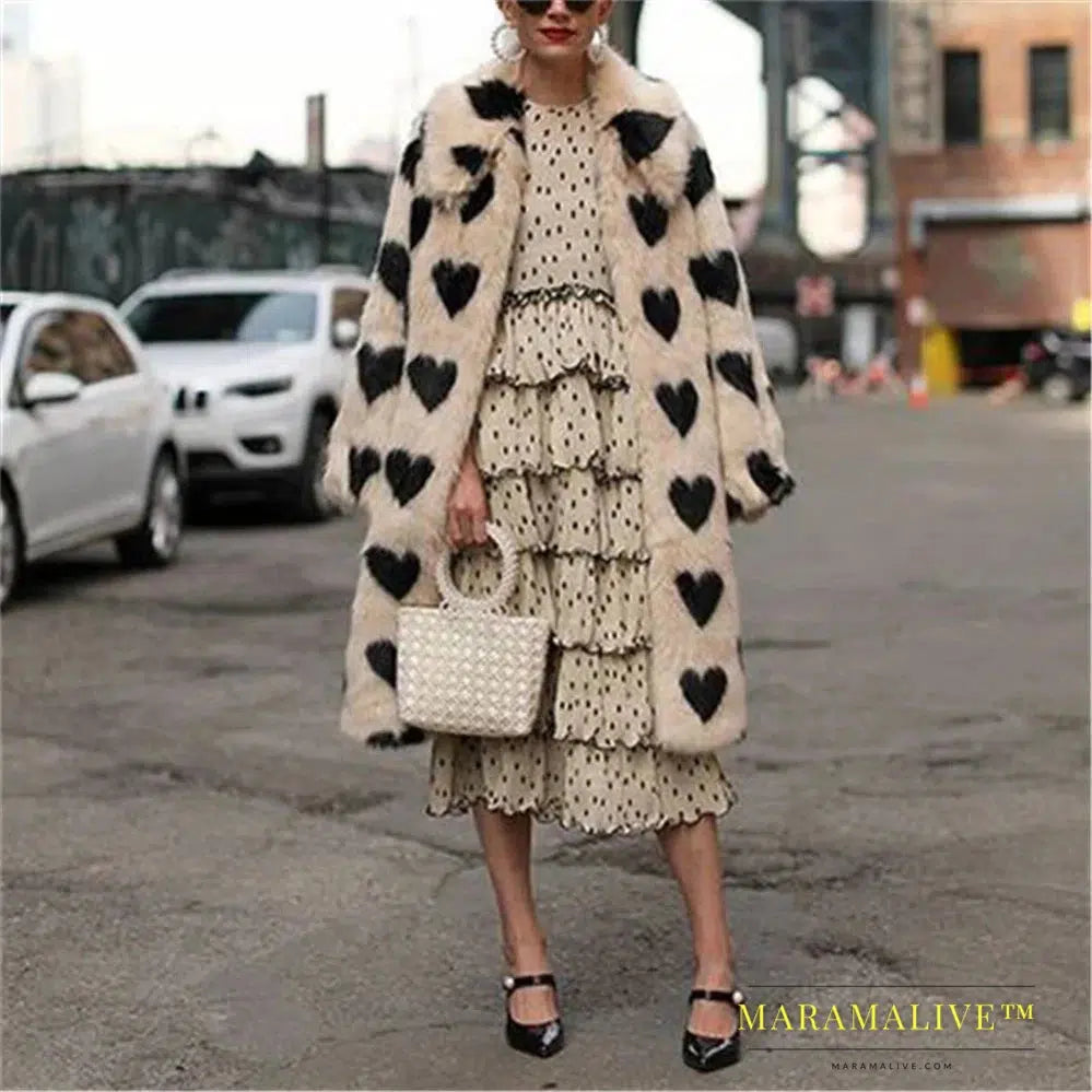 Winter Women Clothing Warm Faux Fur Jacket Love Pattern Long Loose Coat Turn Down Collar Women Plush Classic Coat Size S-5XL