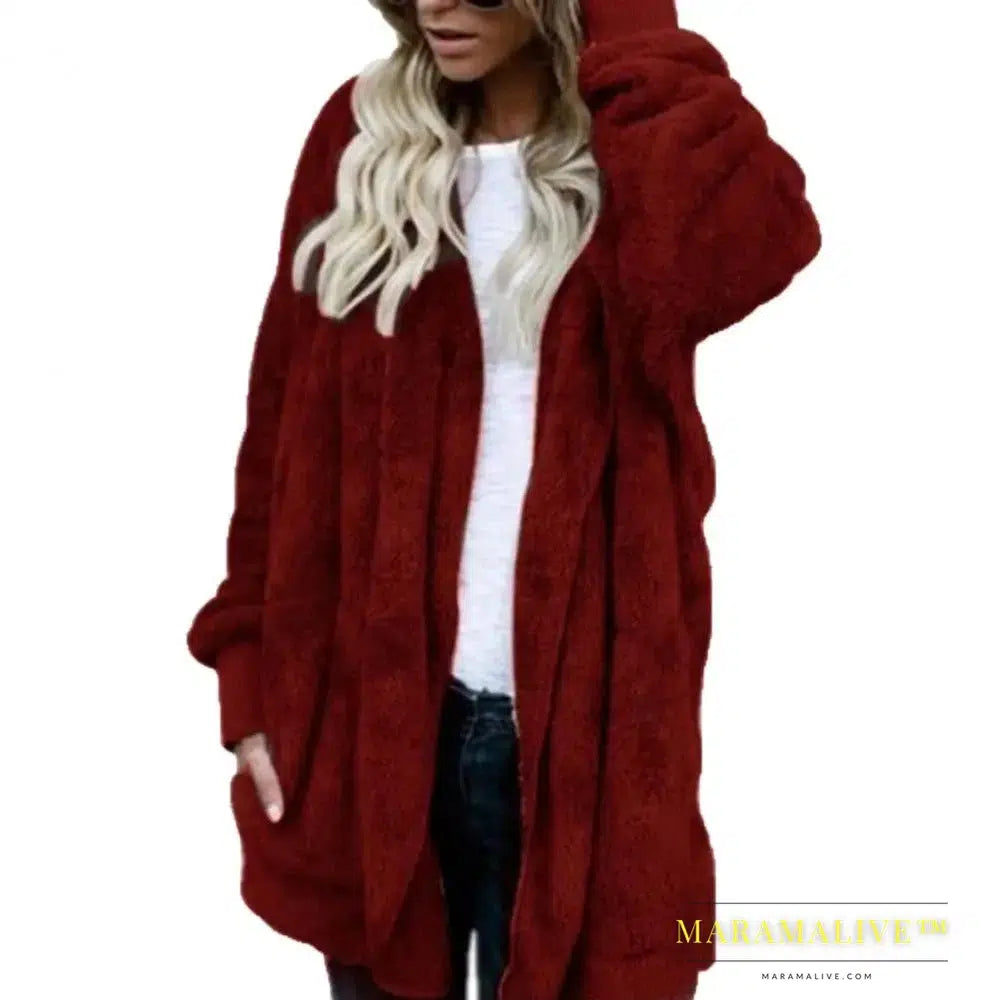 Winter Women Hooded Coat Long Sleeve Faux Fur Woman Jacket for Daily Wear