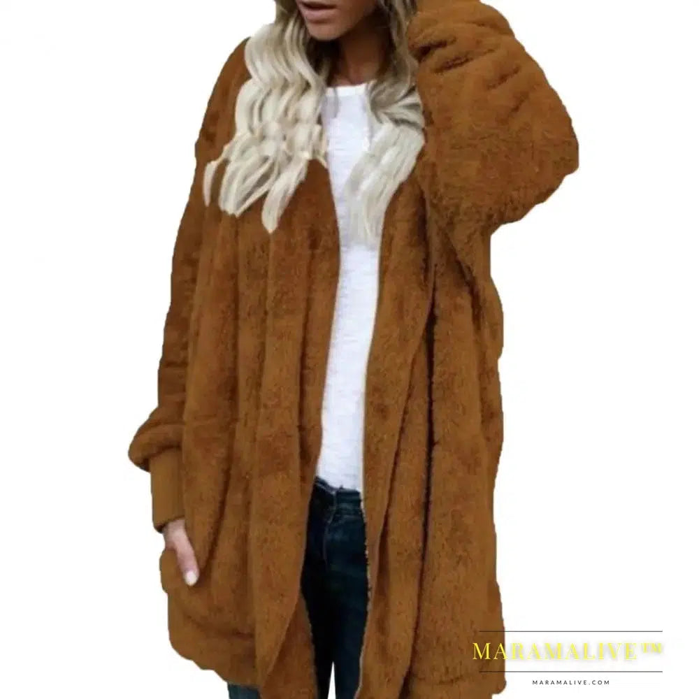 Winter Women Hooded Coat Long Sleeve Faux Fur Woman Jacket for Daily Wear