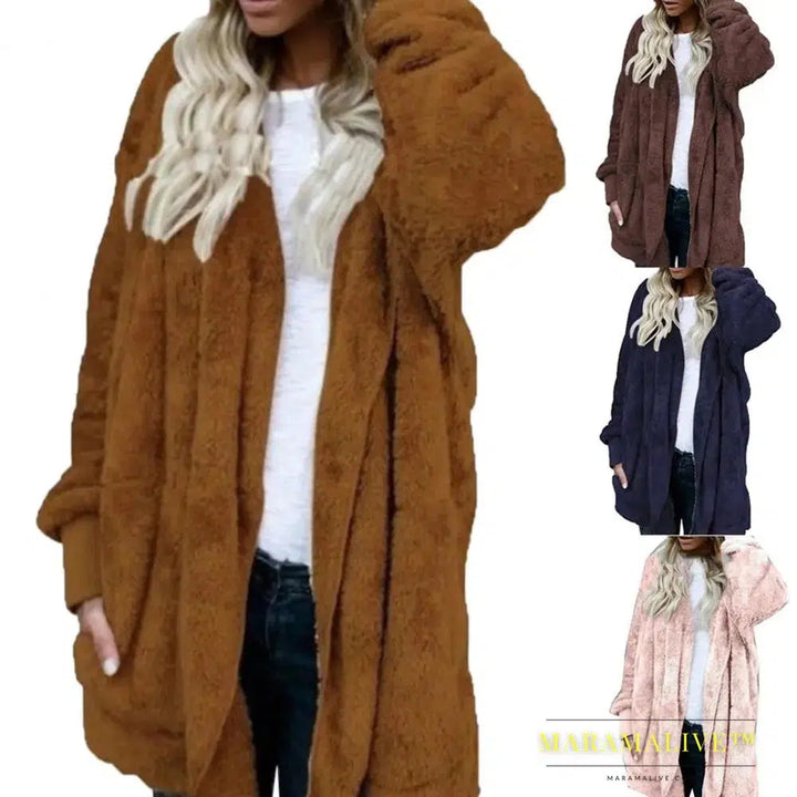 Winter Women Hooded Coat Long Sleeve Faux Fur Woman Jacket for Daily Wear