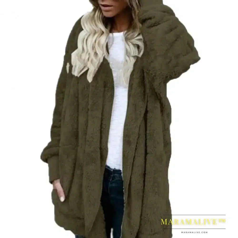 Winter Women Hooded Coat Long Sleeve Faux Fur Woman Jacket for Daily Wear