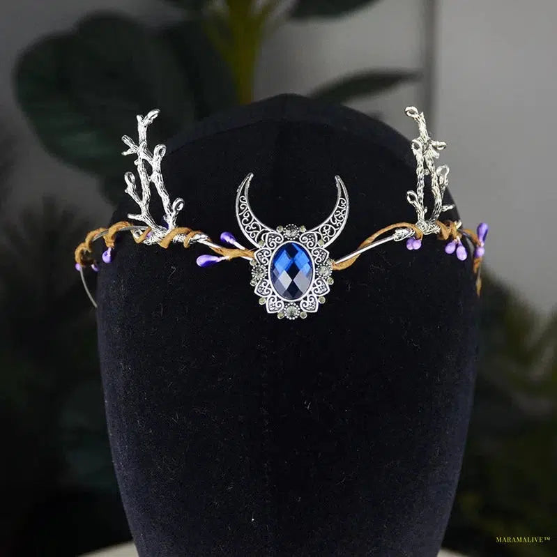 Witch Woodland Crescent Moon Tiara Faerie Wing and Crystal Tiara Pagan Witch Headband Hairwear Wicca Gift