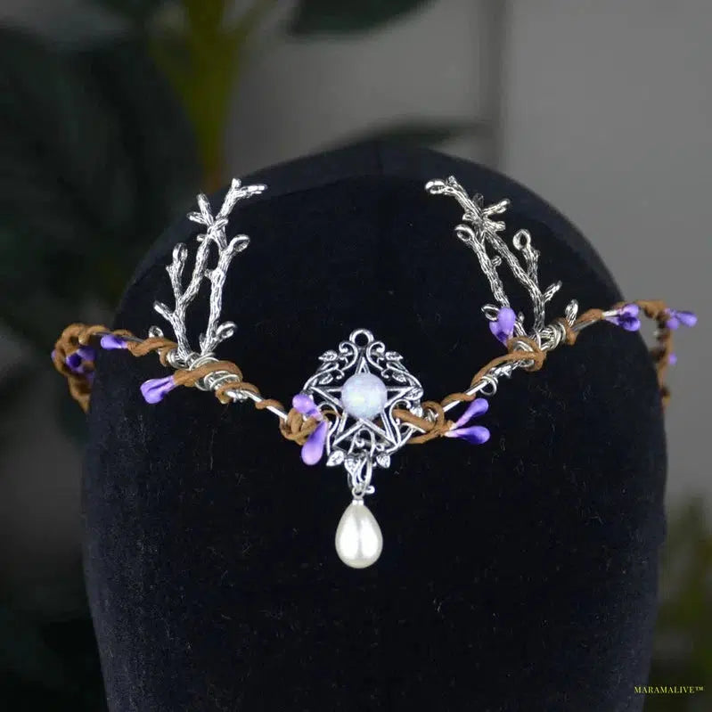 Witch Woodland Crescent Moon Tiara Faerie Wing and Crystal Tiara Pagan Witch Headband Hairwear Wicca Gift