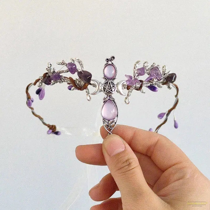 Witch Woodland Crescent Moon Tiara Faerie Wing and Crystal Tiara Pagan Witch Headband Hairwear Wicca Gift