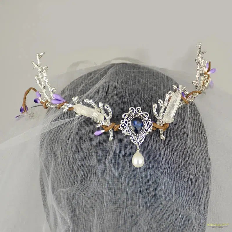 Witch Woodland Crescent Moon Tiara Faerie Wing and Crystal Tiara Pagan Witch Headband Hairwear Wicca Gift