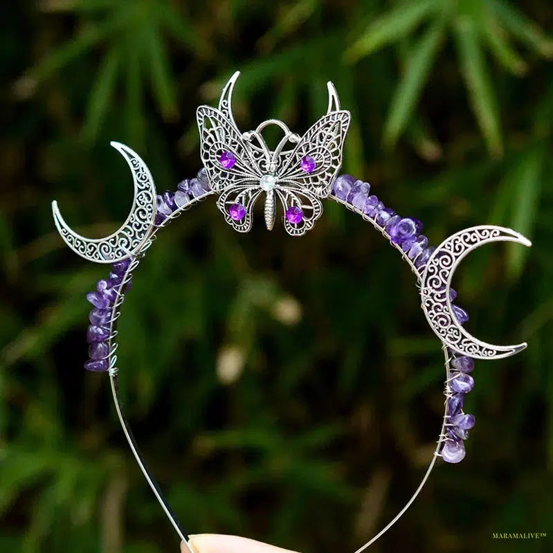 Witch Woodland Crescent Moon Tiara Faerie Wing and Crystal Tiara Pagan Witch Headband Hairwear Wicca Gift