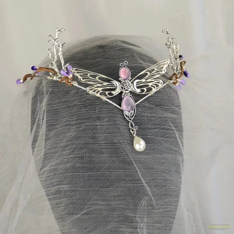 Witch Woodland Crescent Moon Tiara Faerie Wing and Crystal Tiara Pagan Witch Headband Hairwear Wicca Gift