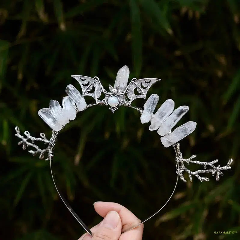 Witch Woodland Crescent Moon Tiara Faerie Wing and Crystal Tiara Pagan Witch Headband Hairwear Wicca Gift