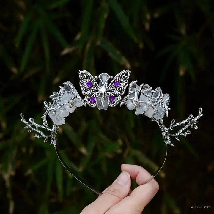 Witch Woodland Crescent Moon Tiara Faerie Wing and Crystal Tiara Pagan Witch Headband Hairwear Wicca Gift