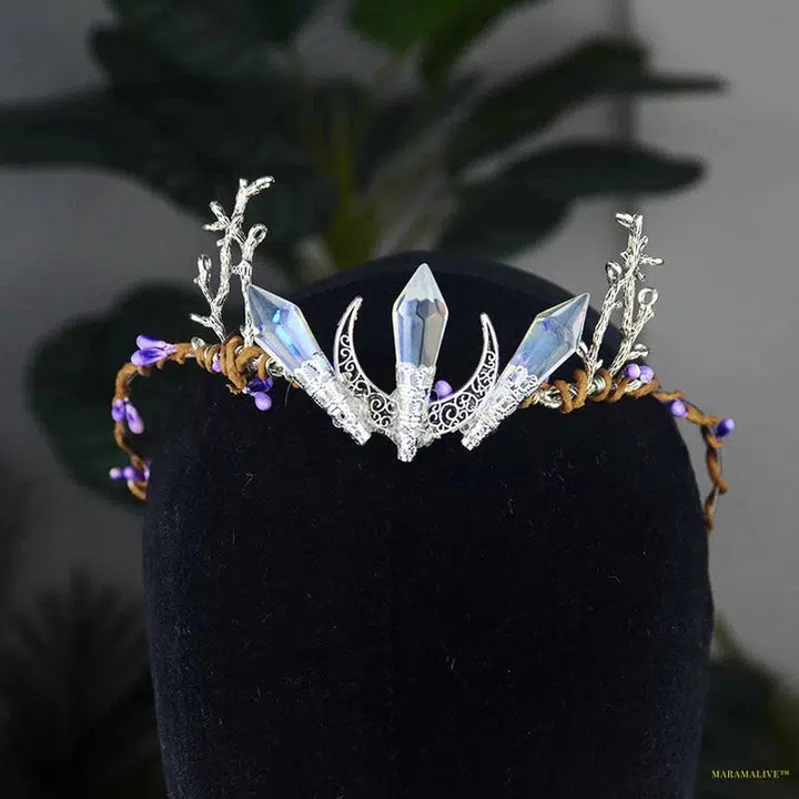 Witch Woodland Crescent Moon Tiara Faerie Wing and Crystal Tiara Pagan Witch Headband Hairwear Wicca Gift