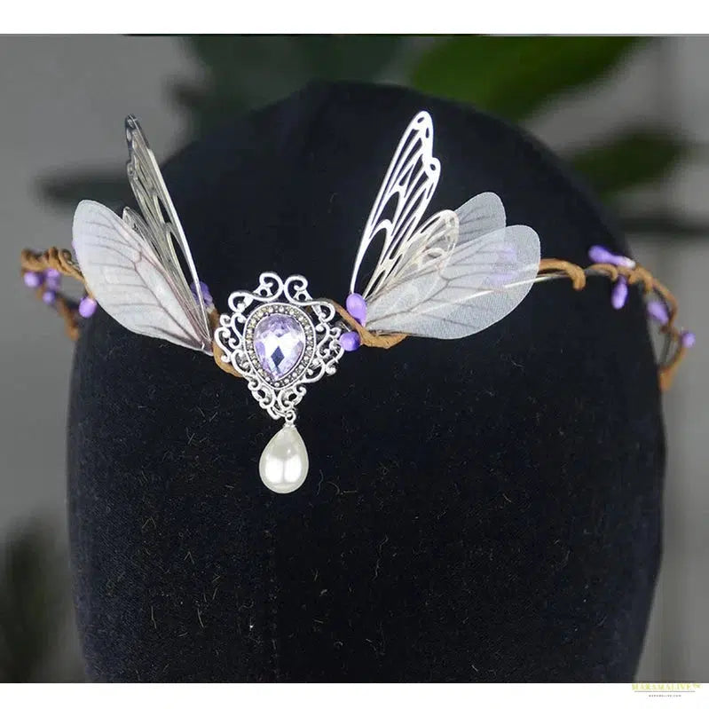 Witch Woodland Crescent Moon Tiara Faerie Wing and Crystal Tiara Pagan Witch Headband Hairwear Wicca Gift