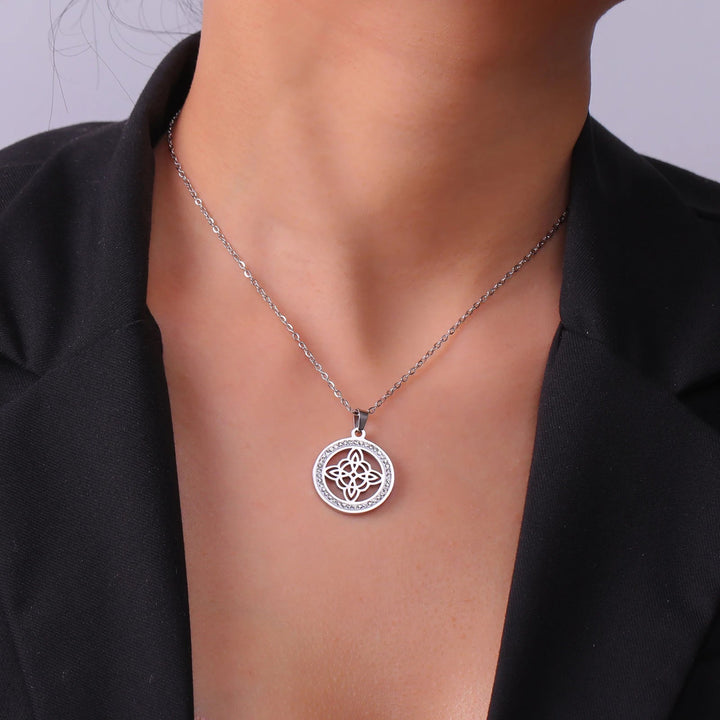 Witchcraft Witch Knot Necklace Stainless Steel Clear Zircon Round Pendant Necklaces Amulet Wicca Jewelry Birthday Gift