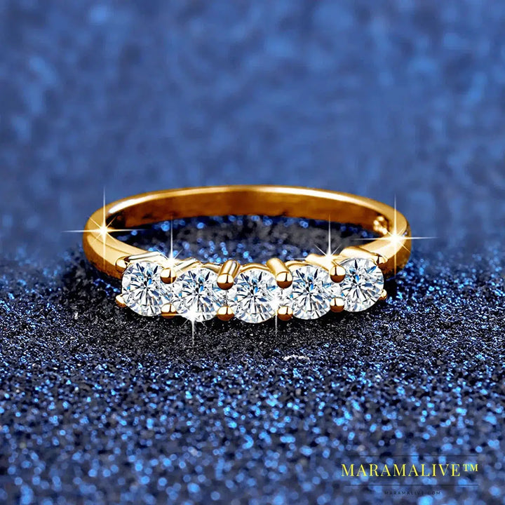 With Certificate Original Solid 18K Gold Moissanite Ring For Women 5 Stone Luxury Wedding Jewelry With Stamp Gift Female