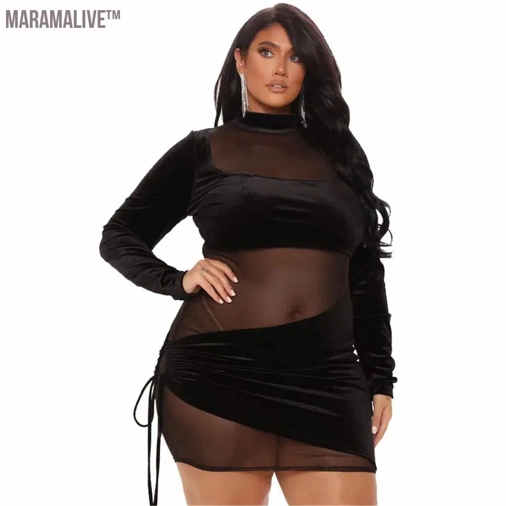 Wmstar Plus Size Dresses for Women Mesh Black Sexy Patchwork Long Sleeve Mini Dress Hot Sale Club outfits Wholesale Dropshipping