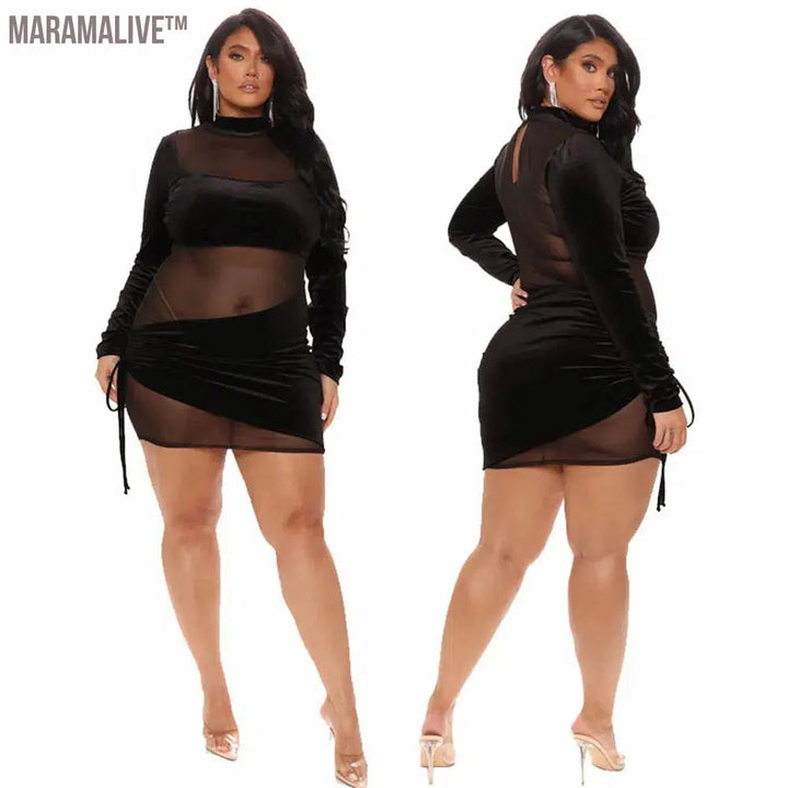 Wmstar Plus Size Dresses for Women Mesh Black Sexy Patchwork Long Sleeve Mini Dress Hot Sale Club outfits Wholesale Dropshipping