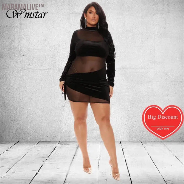 Wmstar Plus Size Dresses for Women Mesh Black Sexy Patchwork Long Sleeve Mini Dress Hot Sale Club outfits Wholesale Dropshipping