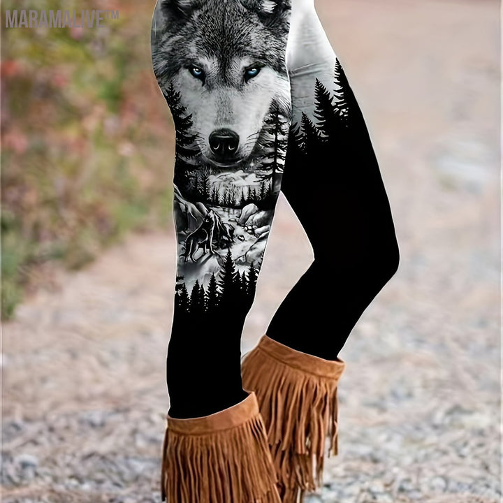 Wolf & Forest Print Skinny Leggings, Casual Elastic Waist Stretchy Leggings, Women's Clothing