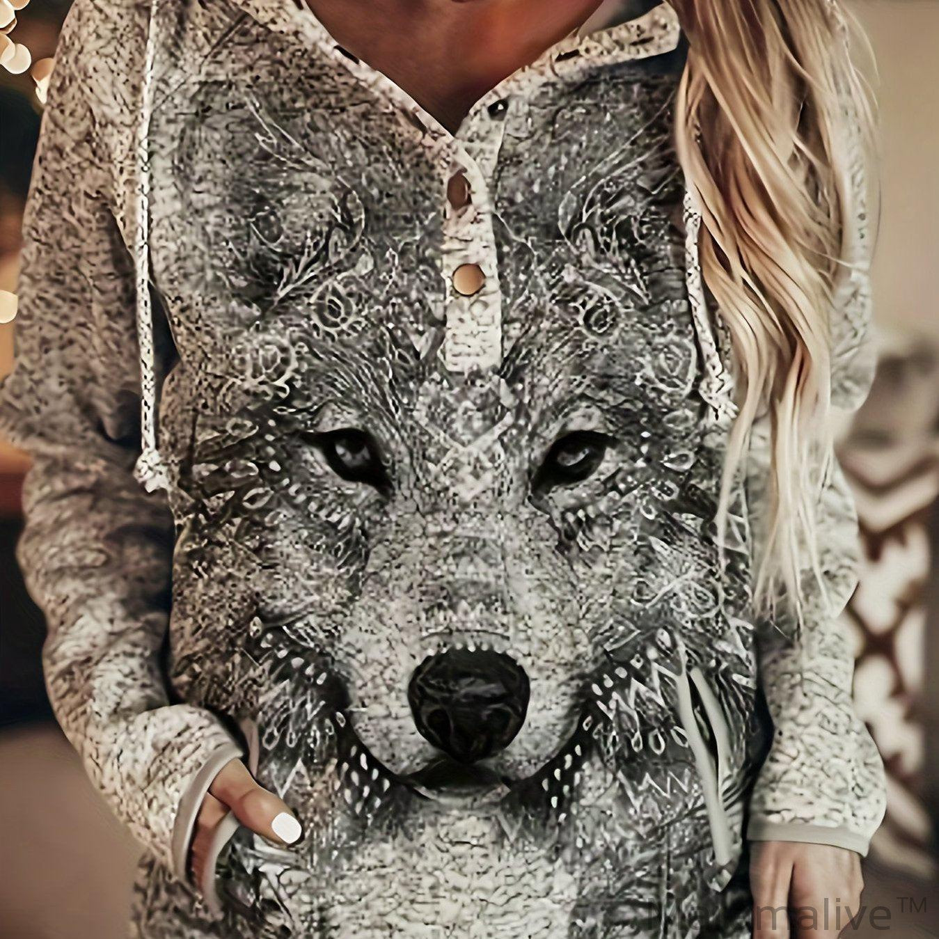 Wolf Print Button Up Drawstring Hoodie, Casual Long Sleeve Hooded Sweatshirt, Women's Clothing