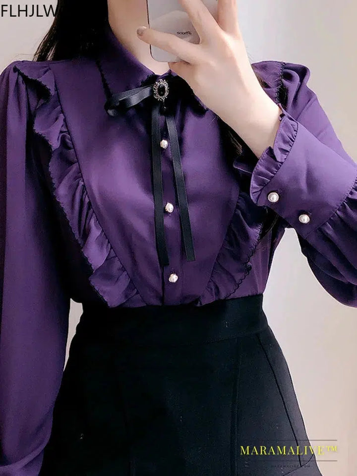 Woman Cute Sweet Girls Thin Semi Transparent Ribbon Bow Tie Retro Vintage Top Blusas Purple Green White Button Shirts