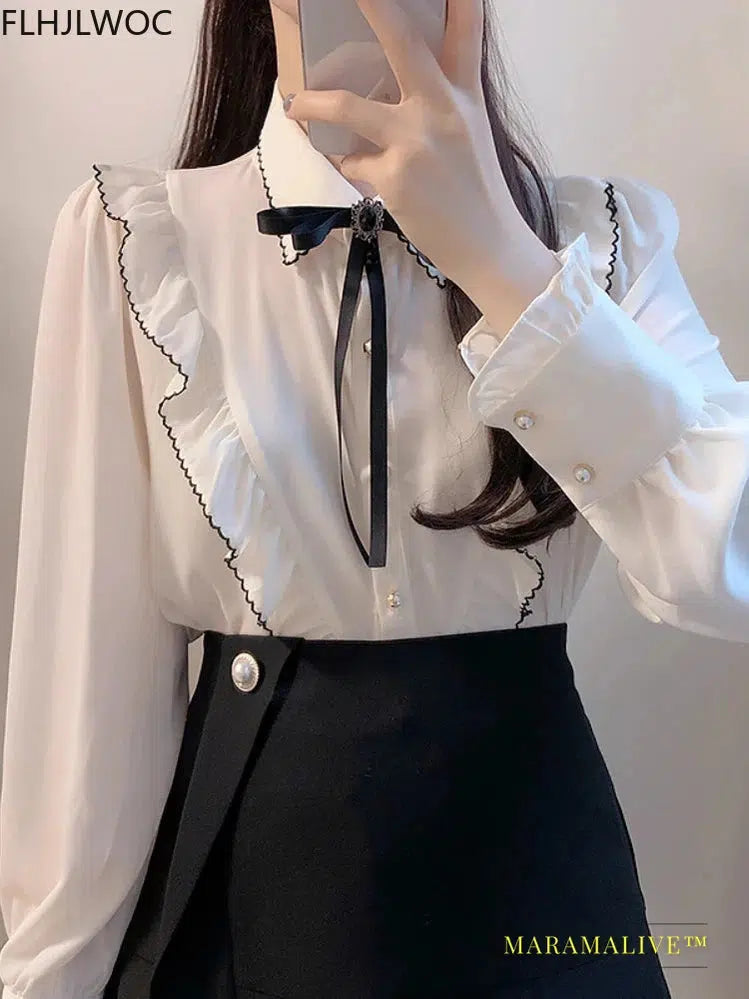 Woman Cute Sweet Girls Thin Semi Transparent Ribbon Bow Tie Retro Vintage Top Blusas Purple Green White Button Shirts