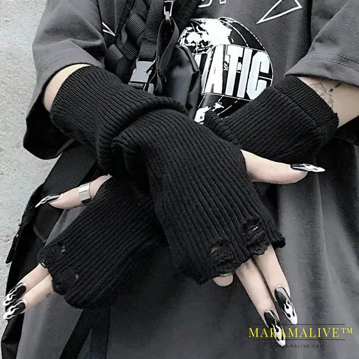 Women Armwarmers Y2k Punk Goth Alt Emo Scene Black Cross Pattern Fingerless Arm Sleeve Gyaru Harajuku Egirl Knit Long Gloves