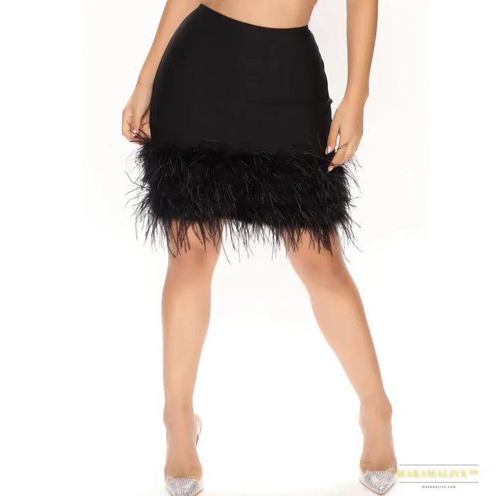 Women Autumn Black Feather Short Skirts Ladies Winter Sexy Streetwear Girls High Waist Above Knee Mini Skirt DS431