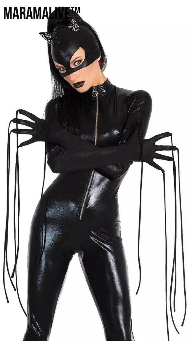 Women Black Patent Leather Catgirl Bodysuit