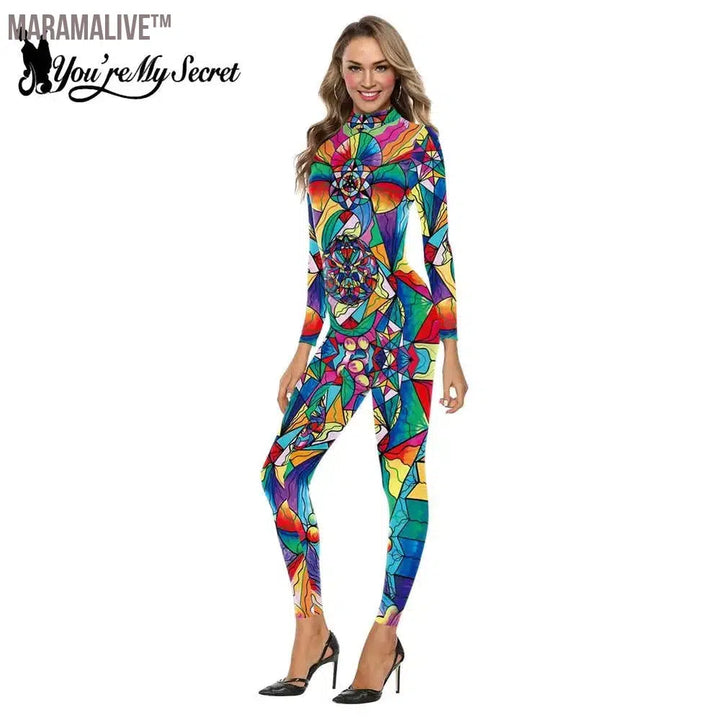 Women Colorful Bohemian Graffiti Printed Bodysuits Halloween Carnival Long Sleeve Bodysuit Cosplay Costumes