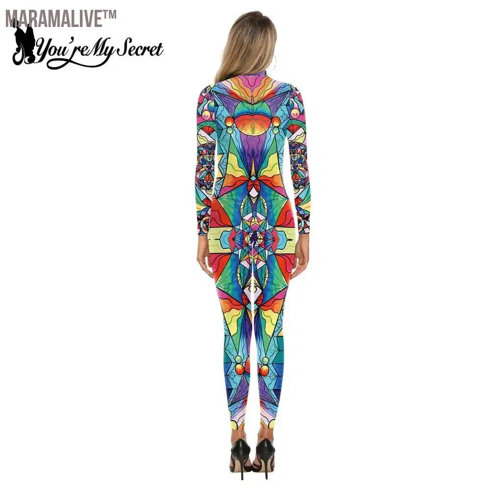 Women Colorful Bohemian Graffiti Printed Bodysuits Halloween Carnival Long Sleeve Bodysuit Cosplay Costumes