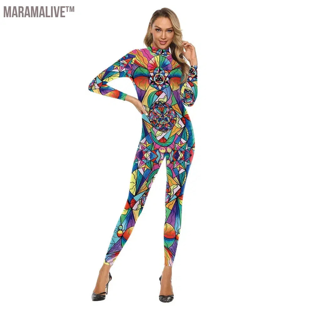 Women Colorful Bohemian Graffiti Printed Bodysuits Halloween Carnival Long Sleeve Bodysuit Cosplay Costumes