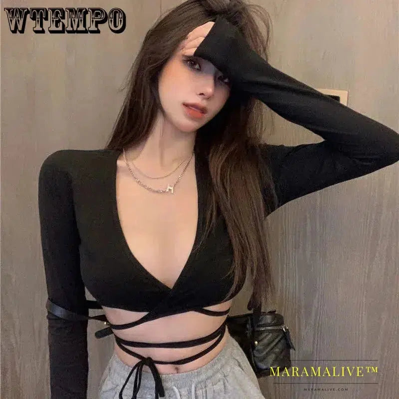 Women Crop Top Summer Long Sleeve Corset Y2k Tops Tanktop Navel Tie Thin Black T-Shirt Ladies Boho Gothic Sexy Clothes