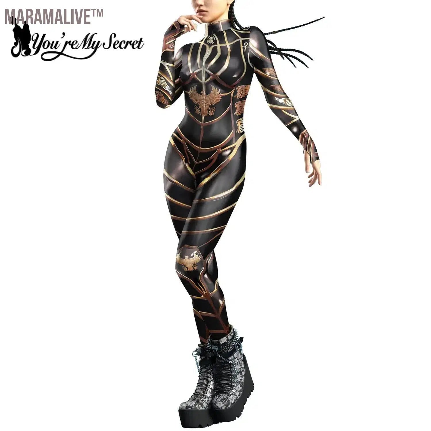 Women Egyptian Pharaoh Bodysuits Thumb Design Jumpsuits Front Zipper Cosplay Costume Halloween Party Outfit