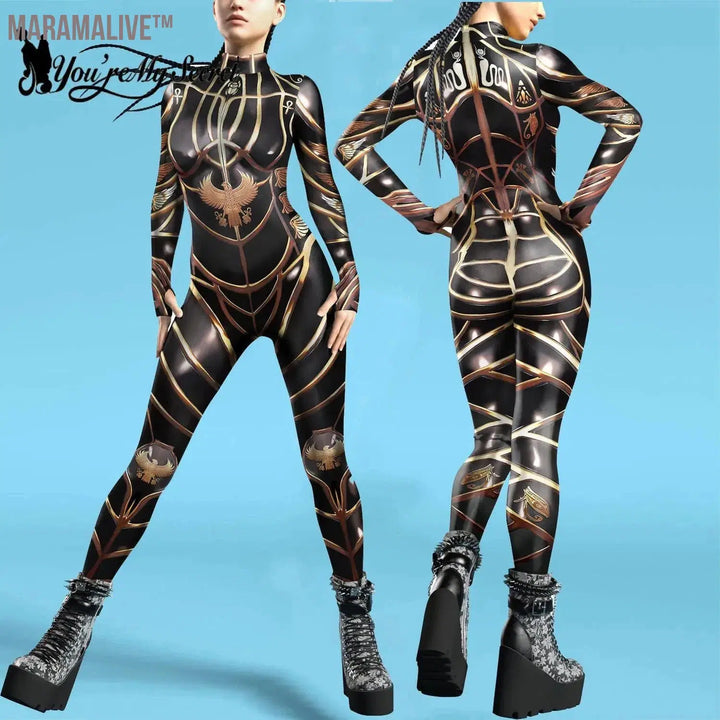 Women Egyptian Pharaoh Bodysuits Thumb Design Jumpsuits Front Zipper Cosplay Costume Halloween Party Outfit