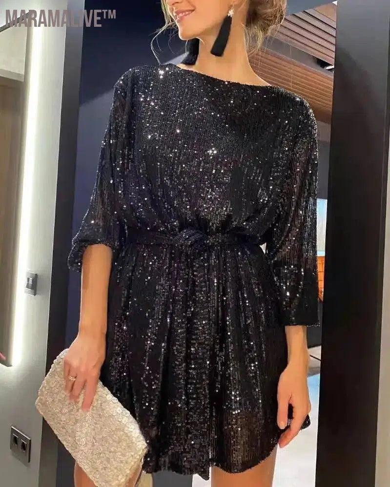 Women Elegant Solid Sequin Party Dress Women Casual Long Sleeve A-Line Dress Lady Fashion Shiny Evening Dress Loose Dress