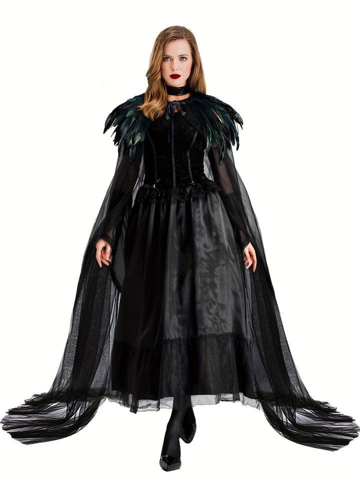 Women Evil Queen Feather Collar Cloak Vampire Cape Witch Cosplay Costume