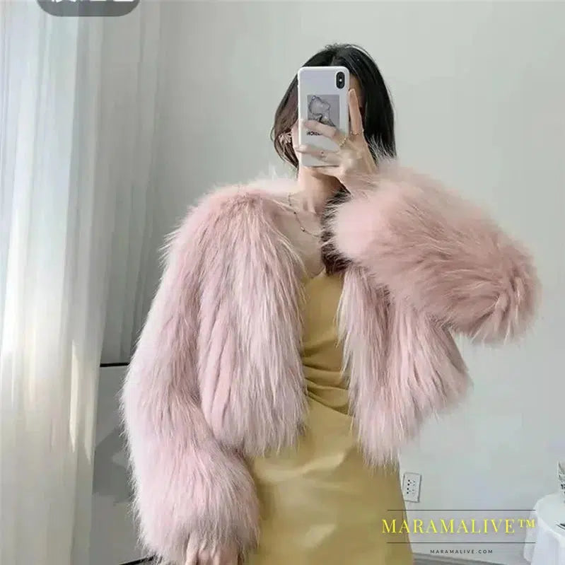 Women Faux Fur Coat Solid V Neck Short Cardigan Autumn Winter Clothes New Fashion Long Sleeve