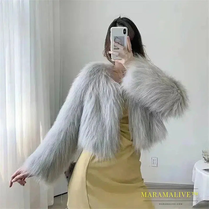 Women Faux Fur Coat Solid V Neck Short Cardigan Autumn Winter Clothes New Fashion Long Sleeve