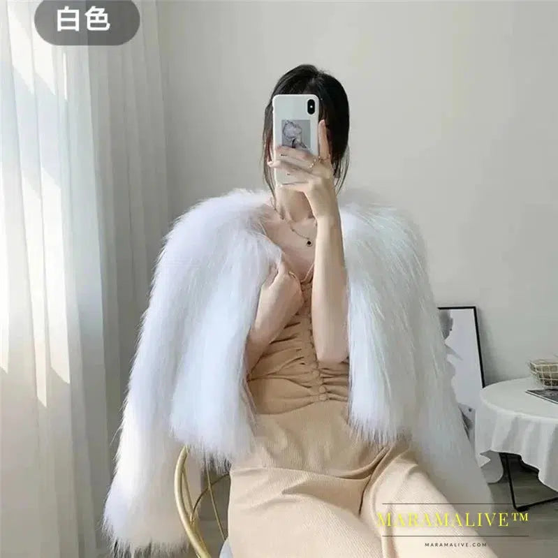 Women Faux Fur Coat Solid V Neck Short Cardigan Autumn Winter Clothes New Fashion Long Sleeve