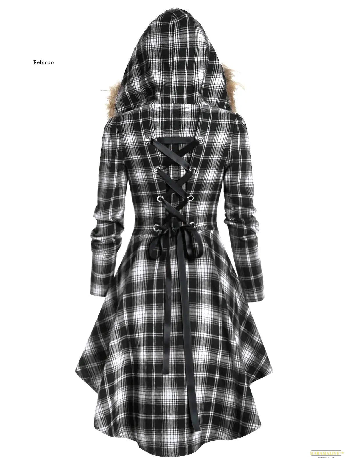 Women Faux Fur Hooded Plaid Print Lace-Up Skirted Coat Chic Gothic Punk Hooded Jackets Autumn Winter Loose Coat