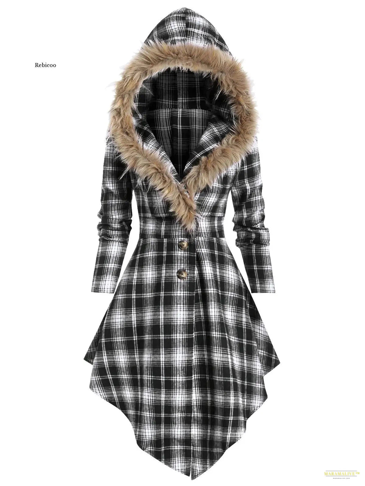 Women Faux Fur Hooded Plaid Print Lace-Up Skirted Coat Chic Gothic Punk Hooded Jackets Autumn Winter Loose Coat