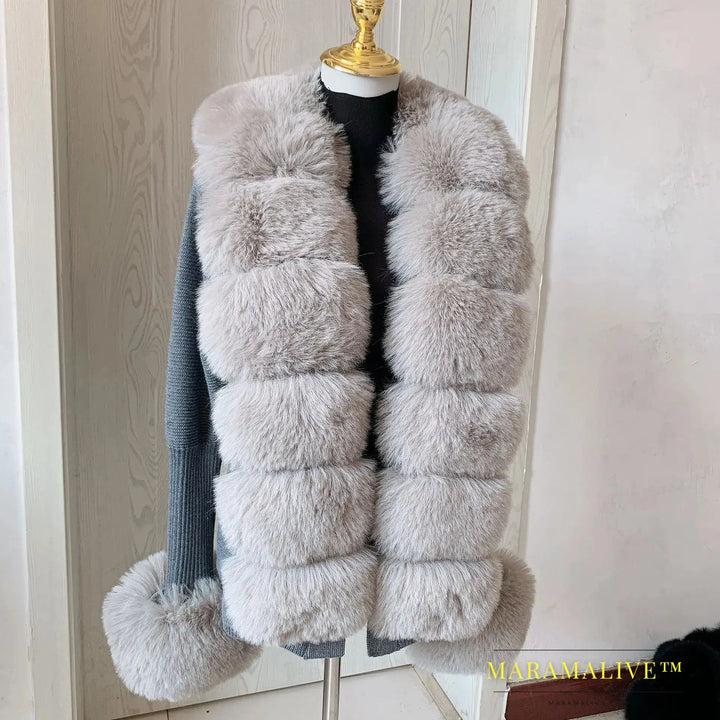 Women Faux Fur Knit Sweater cardigan Spring Autumn elegant Knitted sweater with faux fox fur collar Ladies Fashion Coat fur coat