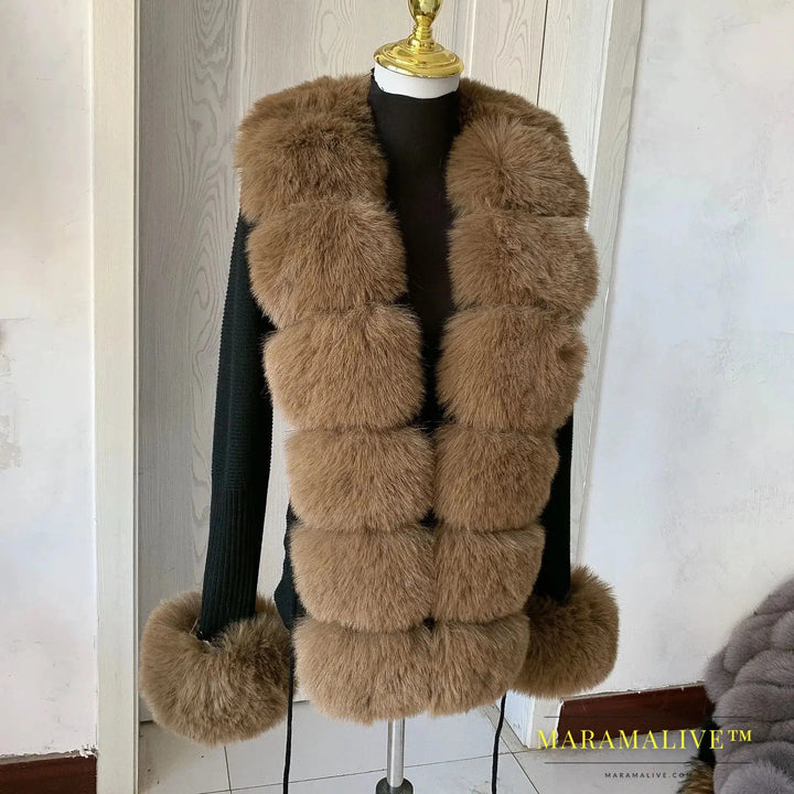 Women Faux Fur Knit Sweater cardigan Spring Autumn elegant Knitted sweater with faux fox fur collar Ladies Fashion Coat fur coat