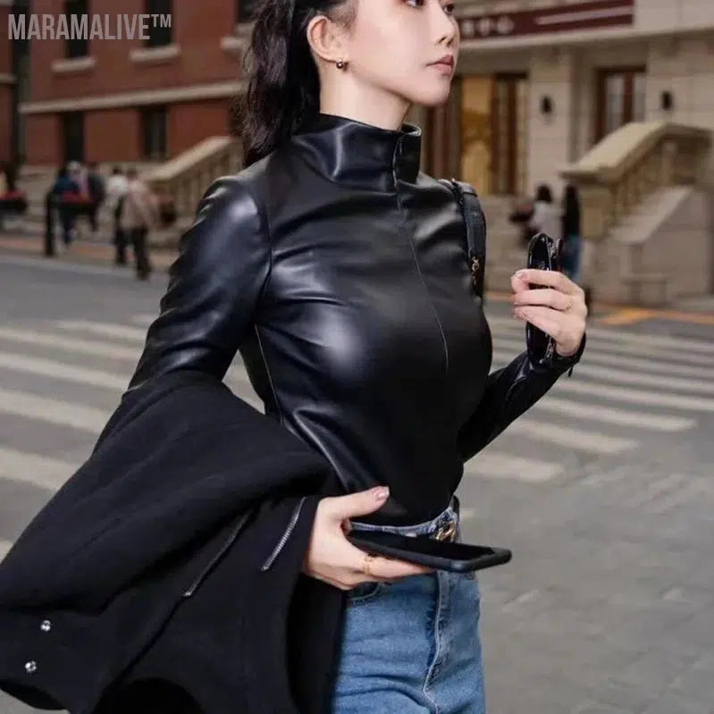 Women Faux Patent Leather Turtleneck Tops Long Sleeve Shirt Pullover Slim PU Clothes Streetwear Windproof Motorcycle Clothing