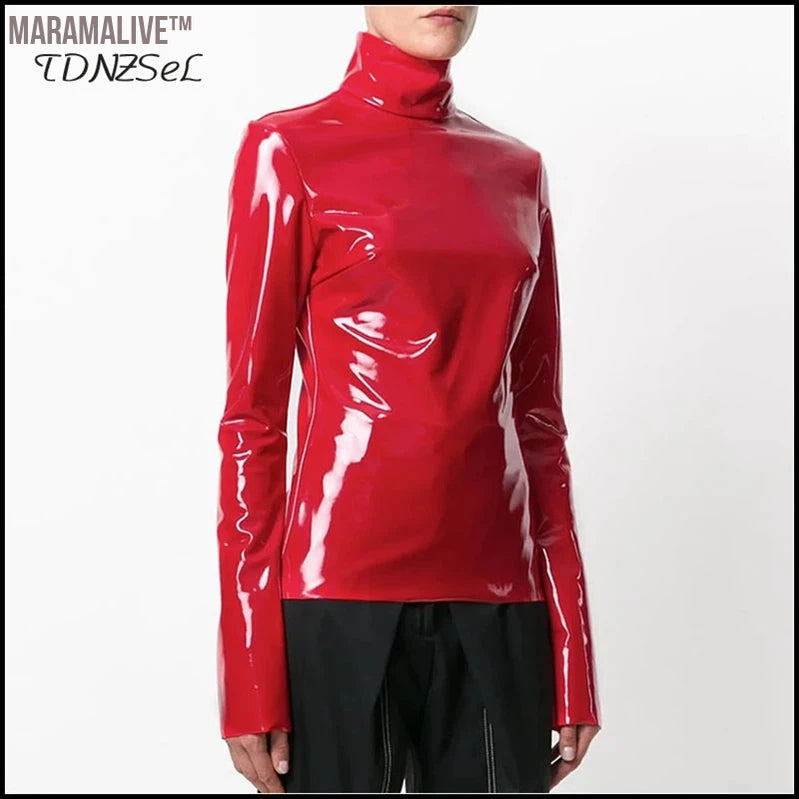 Women Faux Patent Leather Turtleneck Tops Long Sleeve Shirt Zipper PVC Pullover Black Red PU Leather Clothes Streetwear Custom